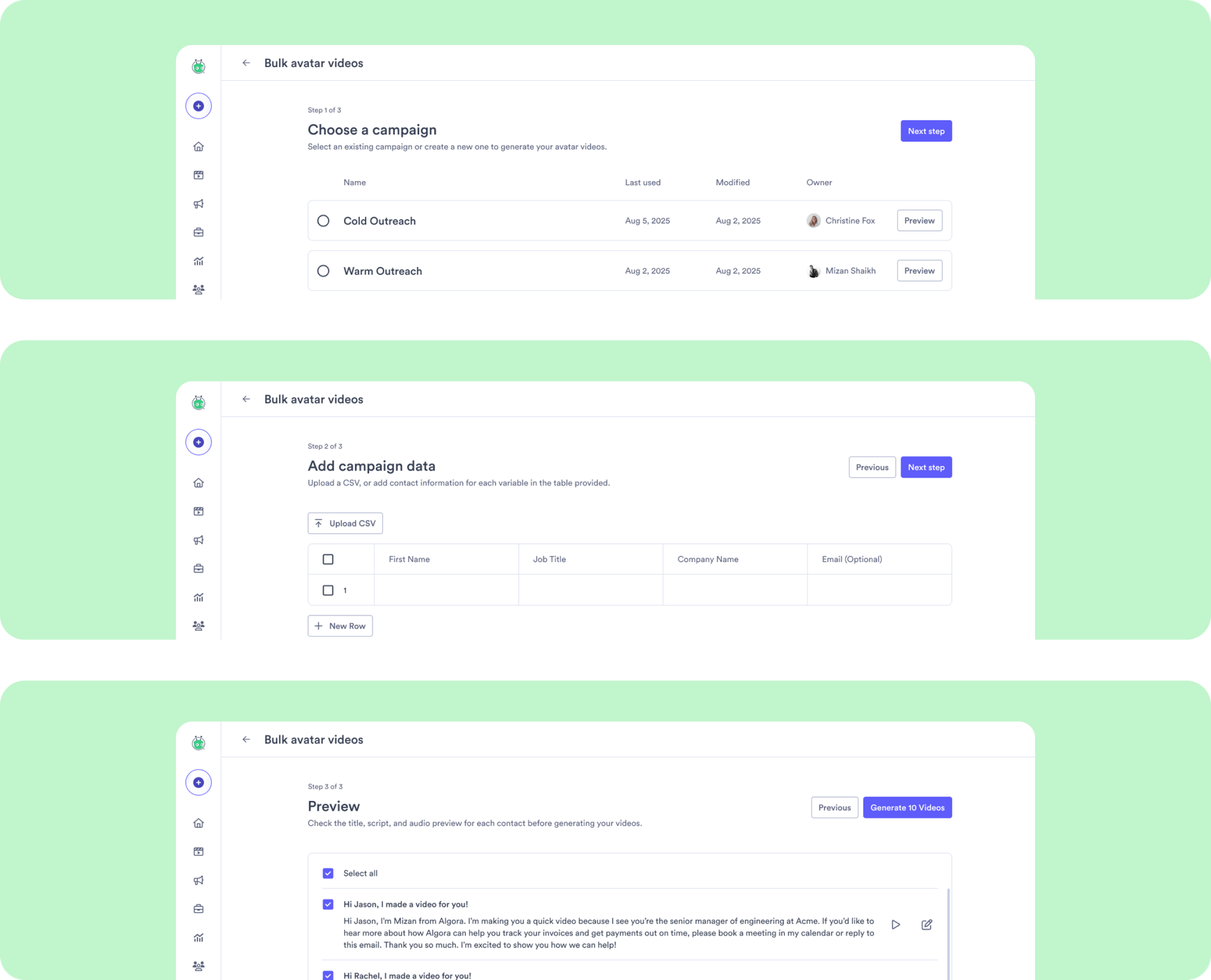 The manual bulk-send flow in three steps — choose a campaign, add recipients in a table pre-filled with the campaign's variables (or paste a CSV), and preview each video before generating